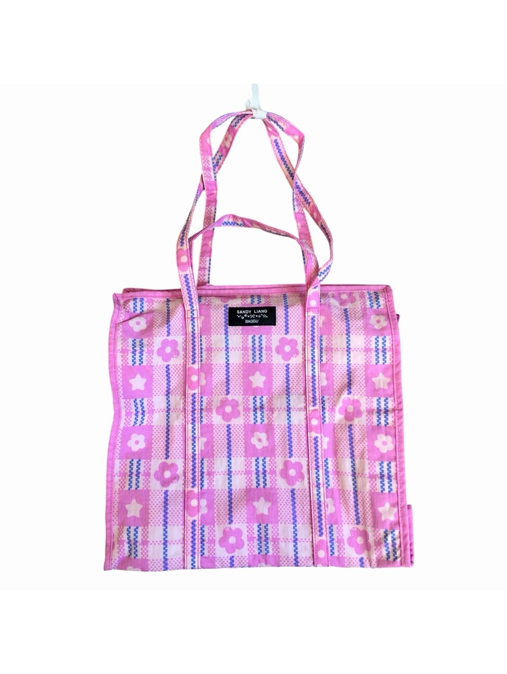 NWT Baggu x Sandy Liang Large Nylon Market Bag Tote in Market Plaid Pink